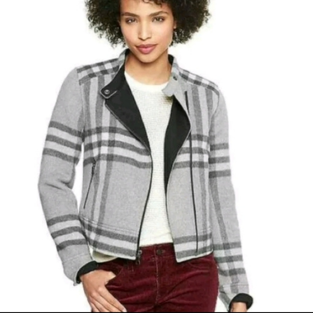 🖤 EUC Gap Brand Ladie's Wool Moto Type Jacket Full Zip Grey Plaid, Fall 2013, S